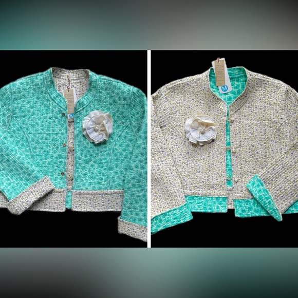 Reversible Quilted Cotton Blazer Jacket with Floral Brooch Cropped M, FBC Studio - Picture 3 of 17